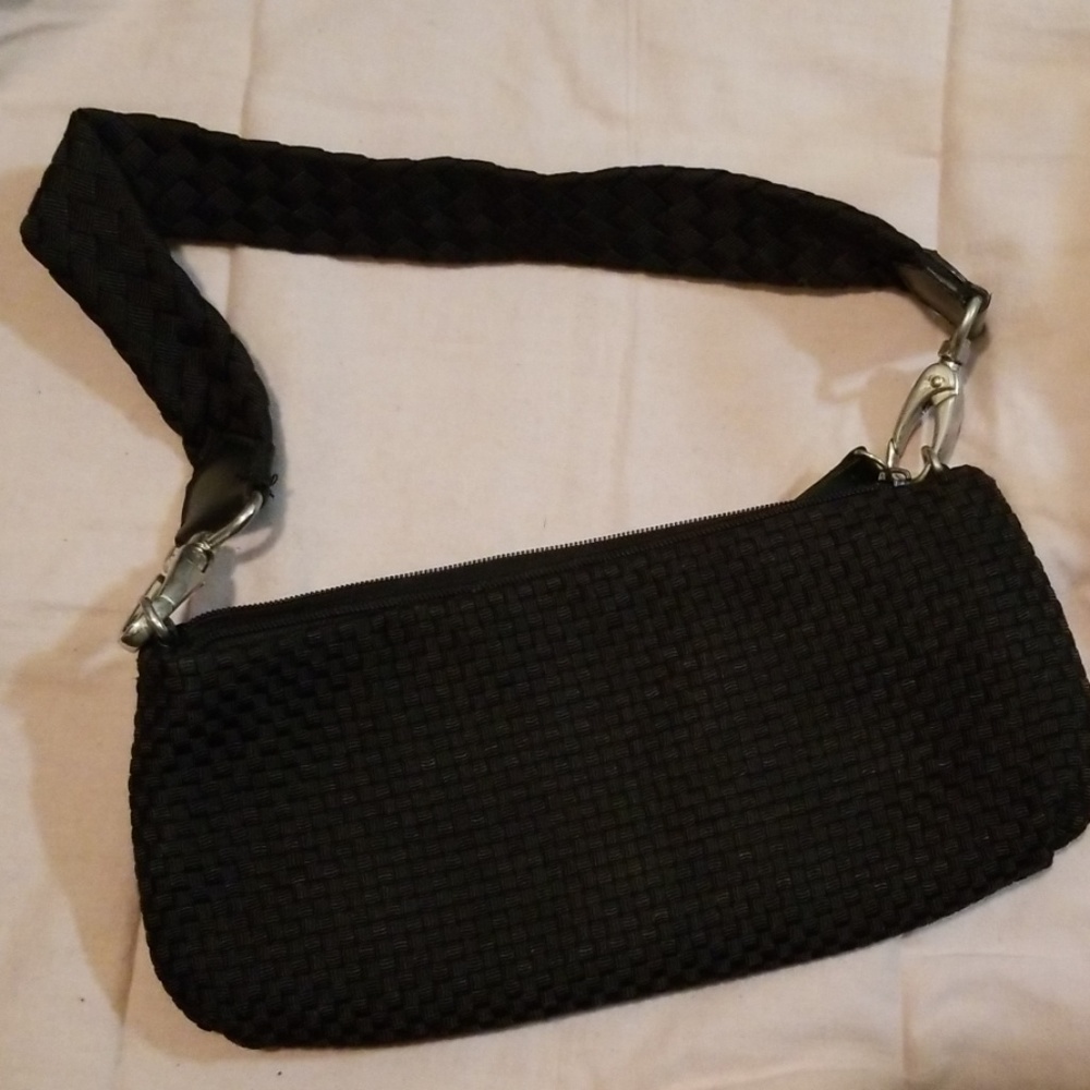 Woven nylon purse, black with silver hardware